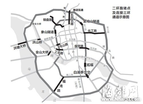 二环路堵点及连接三环通道示意图